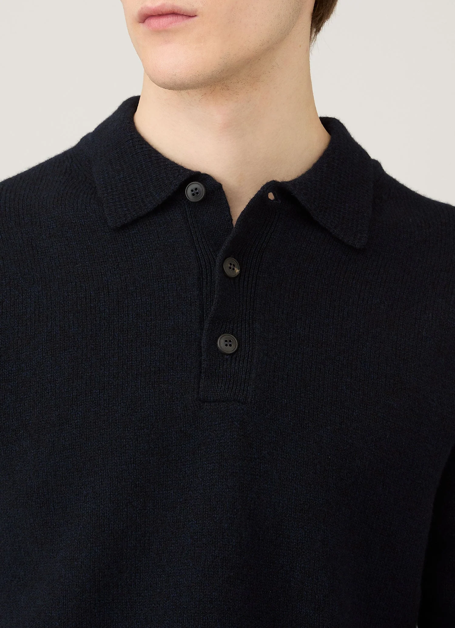 Men's Lambswool Knitted Polo Shirt in Dark Navy Mouline - Image 6
