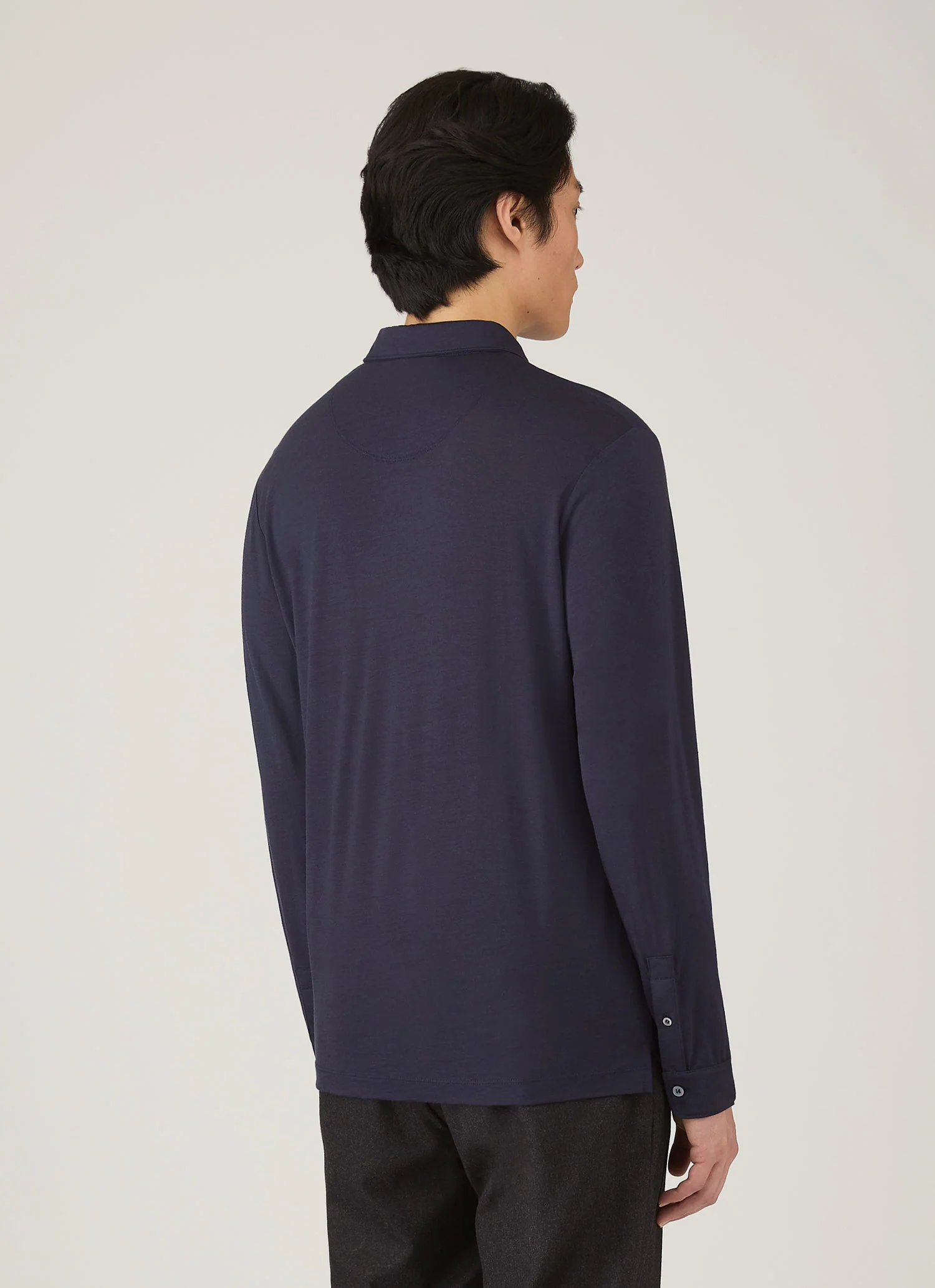 Men's Long Sleeve Ultra-Fine Merino Polo Shirt in Navy - Image 5