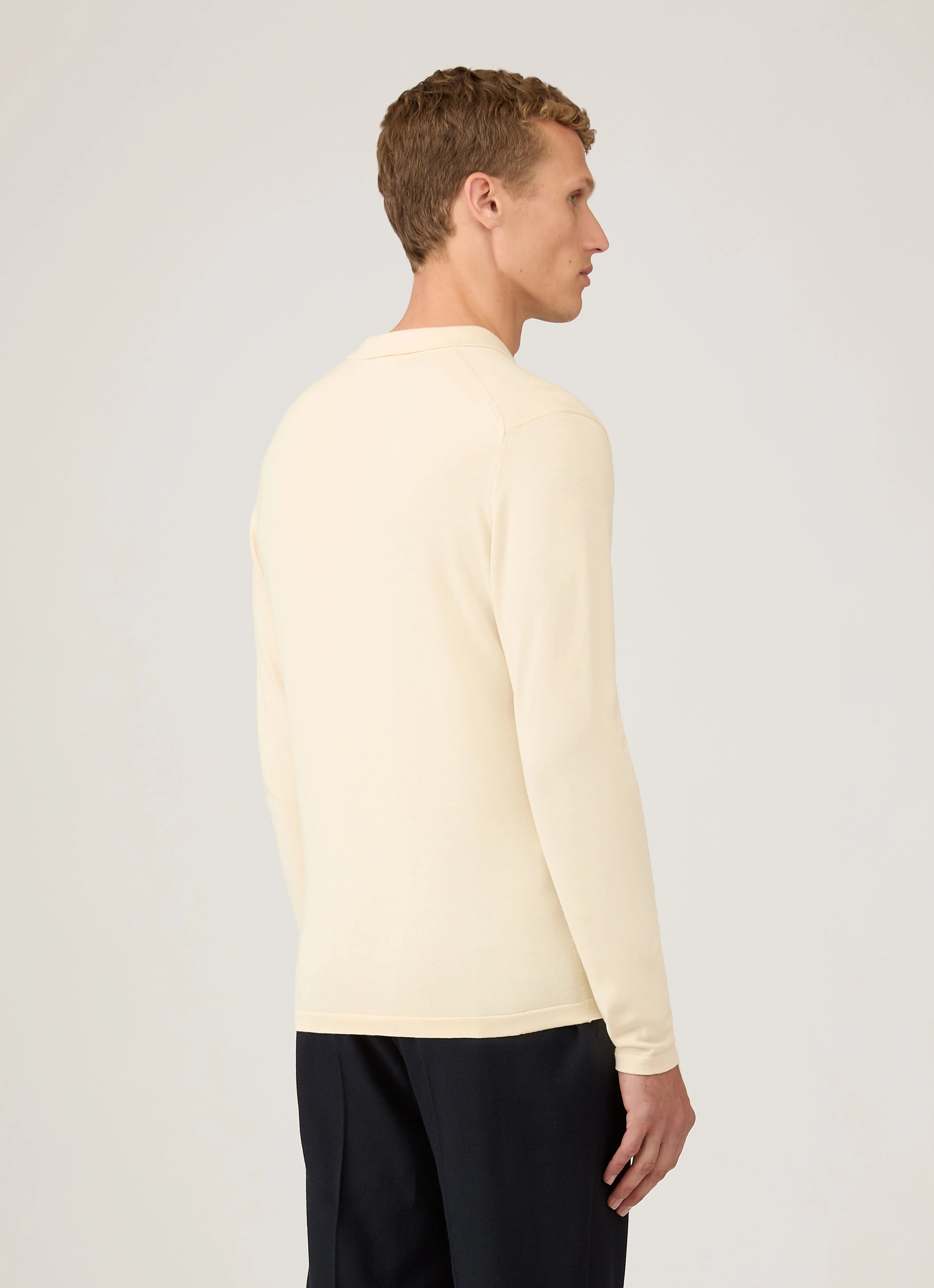 Men's Long Sleeve Sea Island Cotton Knit Polo Shirt in Undyed - Image 5