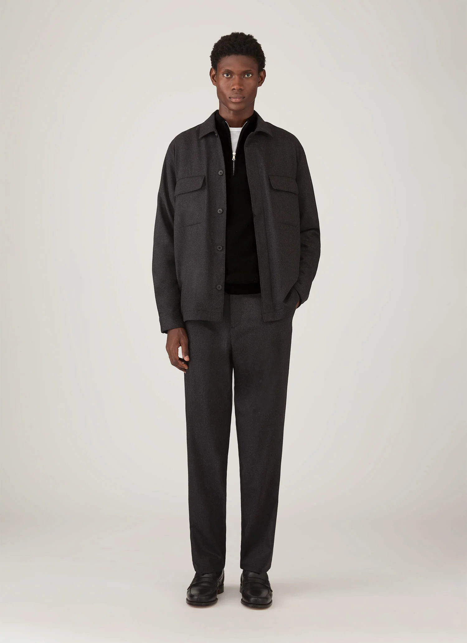 Men's Wool Cashmere Flannel Overshirt in Charcoal Melange - Image 3